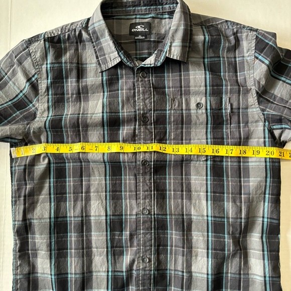 O'Neill 100% Cotton Black/Gray/Blue Plaid Short Sleeve Button Down Shirt Men's M - Picture 5 of 7